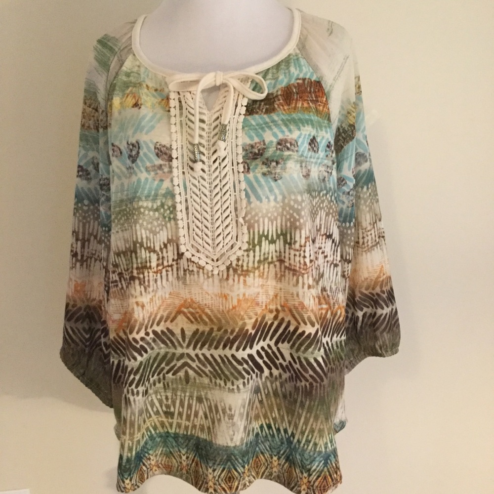 Chico’s tie front shirt lace panel Sz 1